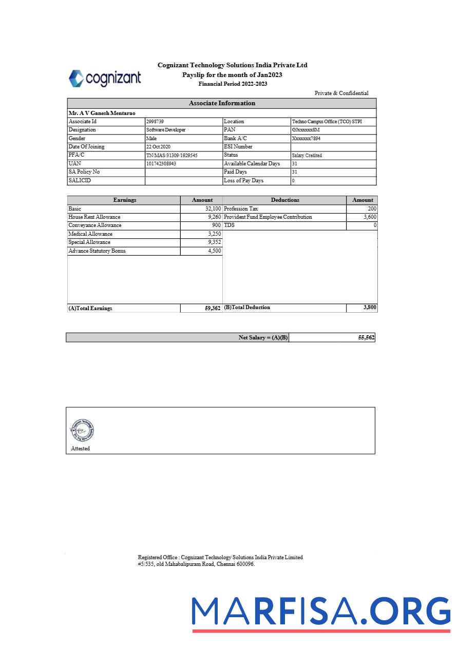 Printable Cognizant Technology Solutions India payslip real example